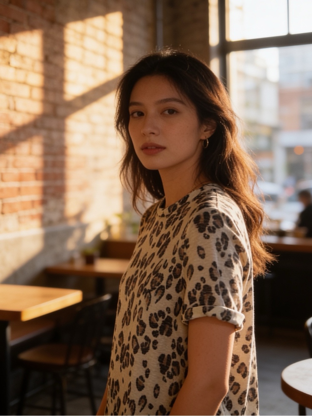 Entro | Women’s Leopard Print Short Sleeve Tee in Beige and Black | S